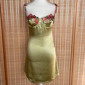 Princess Polly Satin Floral Embroidered Mini Dress Y2K Fairycore Green Size 0